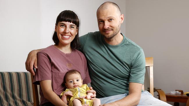 IVF patient Sophia Ang and partner Lucas Dobrolot, with their son, Hector at home in Dulwich Hill. Sophia was 35 when she underwent treatment due to unexplained infertility and her treatment resulted in the birth of baby boy Hector in December 2022. Picture: Jonathan Ng