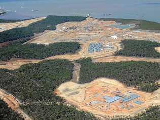 An aerial view of Curtis Island LNG sites being built. Bob Lamont says in about six months the 10,500-odd people employed on these projects will shrink to perhaps 1500 with the end of the construction phase. Picture: Brenda Strong