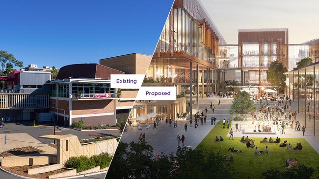 Artist's impression of how the student hub and Schonell look now, and how they could look after the University of Queensland's makeover. The Schonell is the building on the right of the “existing’’ photo.