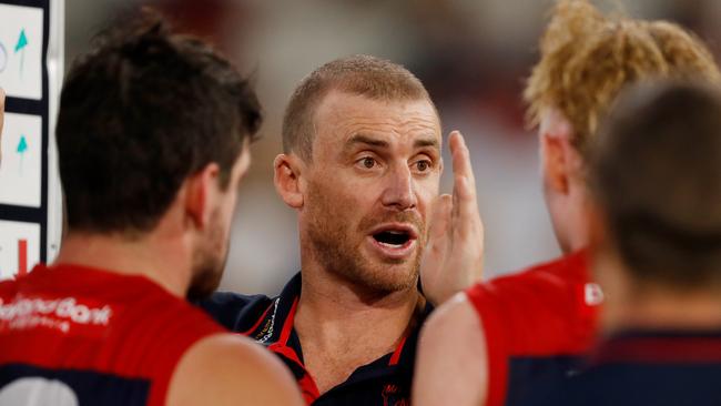 Simon Goodwin revs up his players as they make a statement against the Giants. Picture: AFL Photos via Getty Images