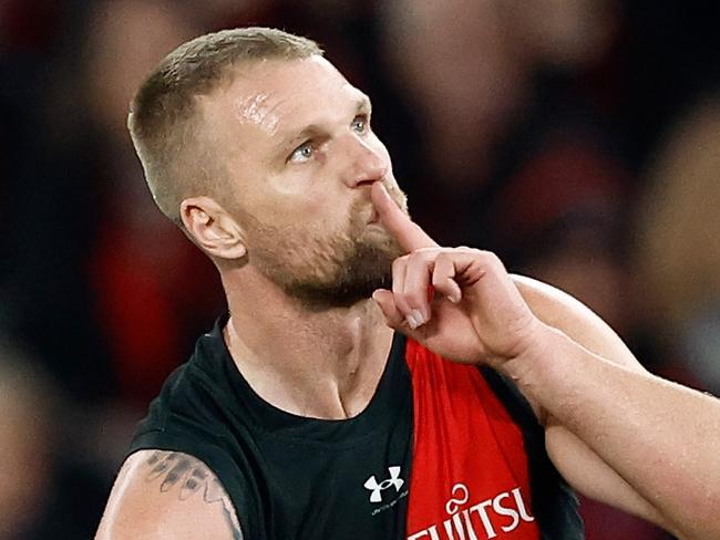 MELBOURNE, AUSTRALIA – JUNE 23: Jake Stringer of the Bombers celebrates a goal during the 2024 AFL Round 15 match between the Essendon Bombers and the West Coast Eagles at Marvel Stadium on June 23, 2024 in Melbourne, Australia. (Photo by Michael Willson/AFL Photos via Getty Images)