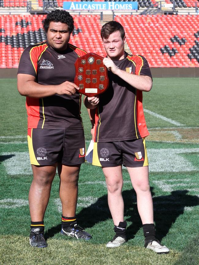 Loyola High School Vice Captain Clinton Aiono and Captain Ayden Carling with the Mark Geyer trophy.