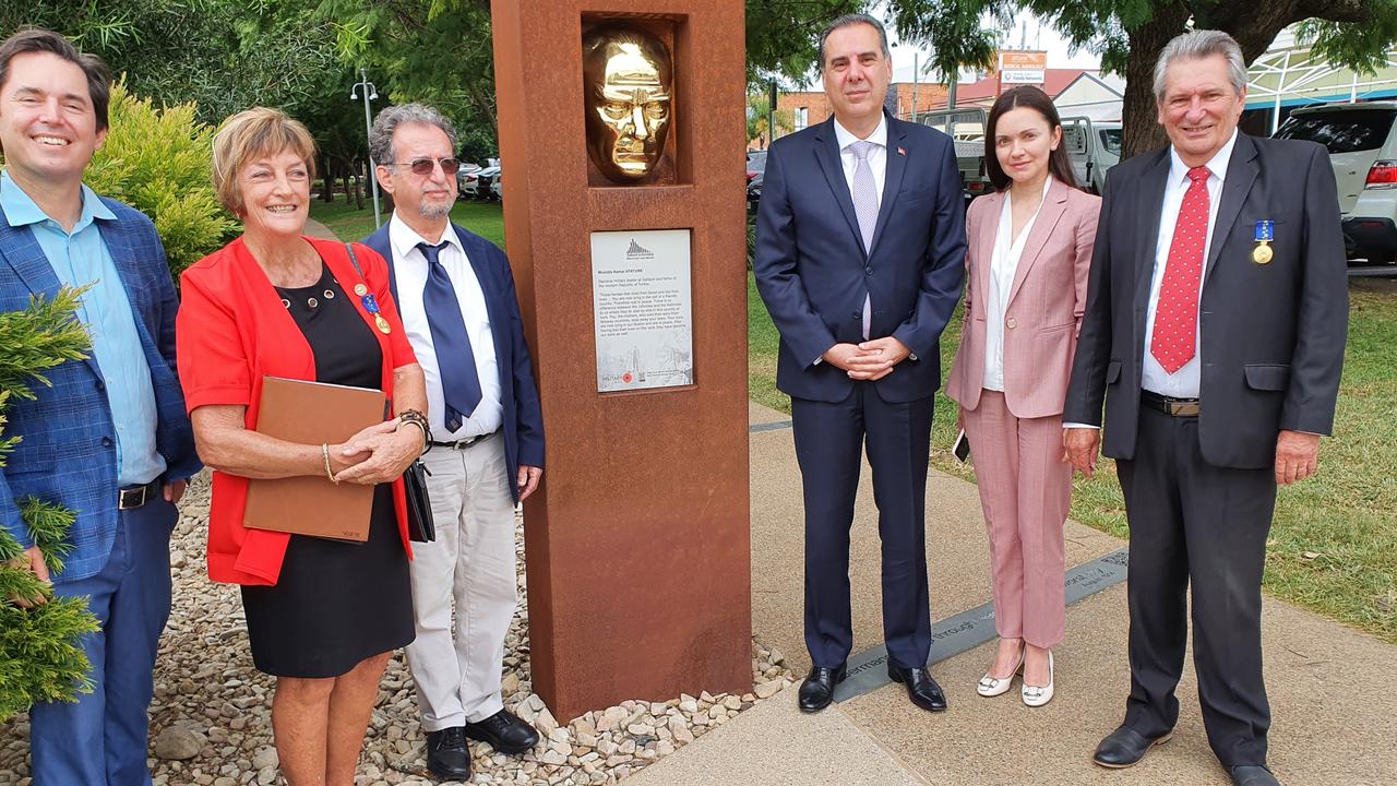 Turkish Ambassador to Australia His Excellency Korhan Karakoc (centre right) and his wife Swetnava visited the Gallipoli to Armistice Memorial in Maryborough ahead of Anzac Day. They are pictured with Fraser Coast Mayor George Seymour (Far left), Queensland Turkish Consul Turgut Manli and Fraser Coast tourism identity Grieg Bolderrow. Photo: Nancy Bates