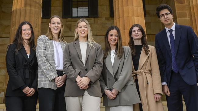 JUNE 26, 2024Rising star grad lawyers, Maddison Lloyd , Shannon Cain, Kahlia Steinert, Kristen Camera , Claudia Van Eckeren and Chris Michalakas outside Adelaide Magistrates court.Picture: RoyVPhotography