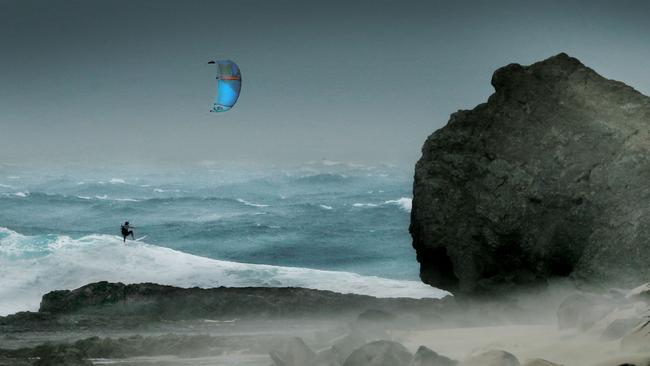 Severe winds and rain to lash the Gold Coast. A kite surfers put it all on the line at Currumbin Alley. Picture: Luke Marsden/file