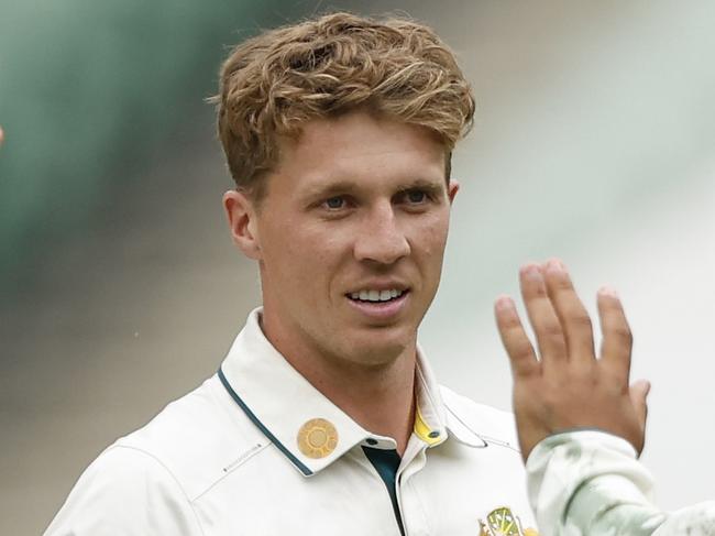 MELBOURNE, AUSTRALIA - NOVEMBER 07: Nathan McSweeney of Australia A celebrates the wicket of Dhruv Jurel of India A during the match between Australia A and India A at Melbourne Cricket Ground on November 07, 2024 in Melbourne, Australia. (Photo by Darrian Traynor/Getty Images)