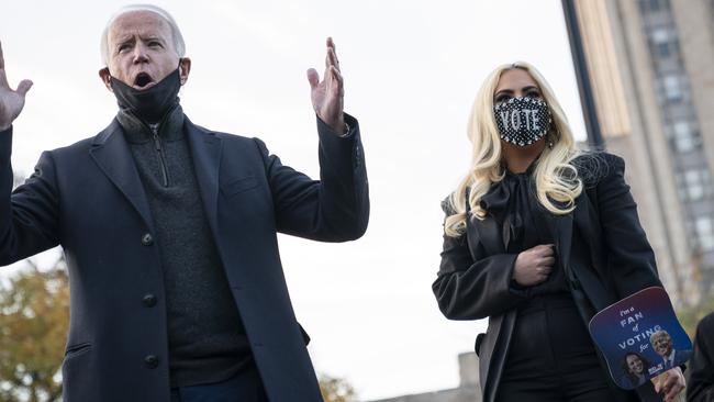 Democratic presidential nominee Joe Biden and Lady Gaga at a last-minute rally in Pennsylvania. Picture: Drew Angerer/Getty Images