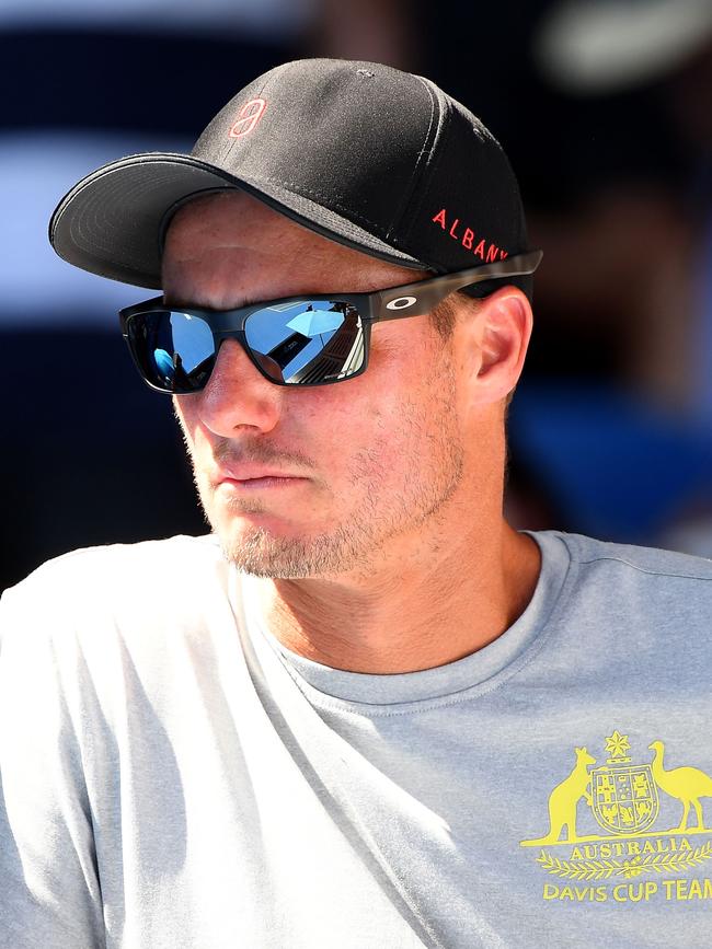 Lleyton Hewitt watches Alex de Minaur yesterday. Picture: Getty Images