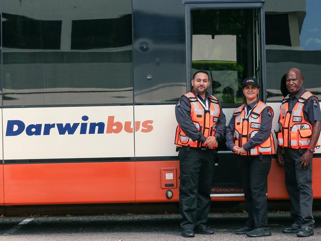 L to R Joga Singh, Kavita Mann and Andrew Ned security officers that have just started on Darwin buses. Picture: Glenn Campbell