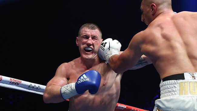 Pictured are boxers Paul Gallen and Justis Huni in their bout for the Australian Heavyweight Title held at the ICC in Sydney. Picture: Richard Dobson