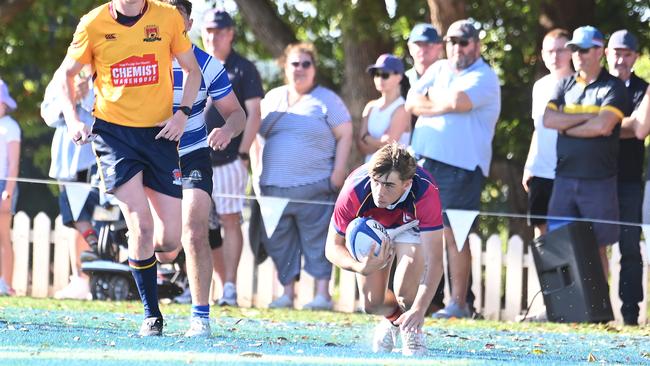 Left wing Jackson Hill goes in for a try. GPS first XV rugby grand final, Nudgee College Vs BSHS. Saturday September 7, 2024. Picture, John Gass