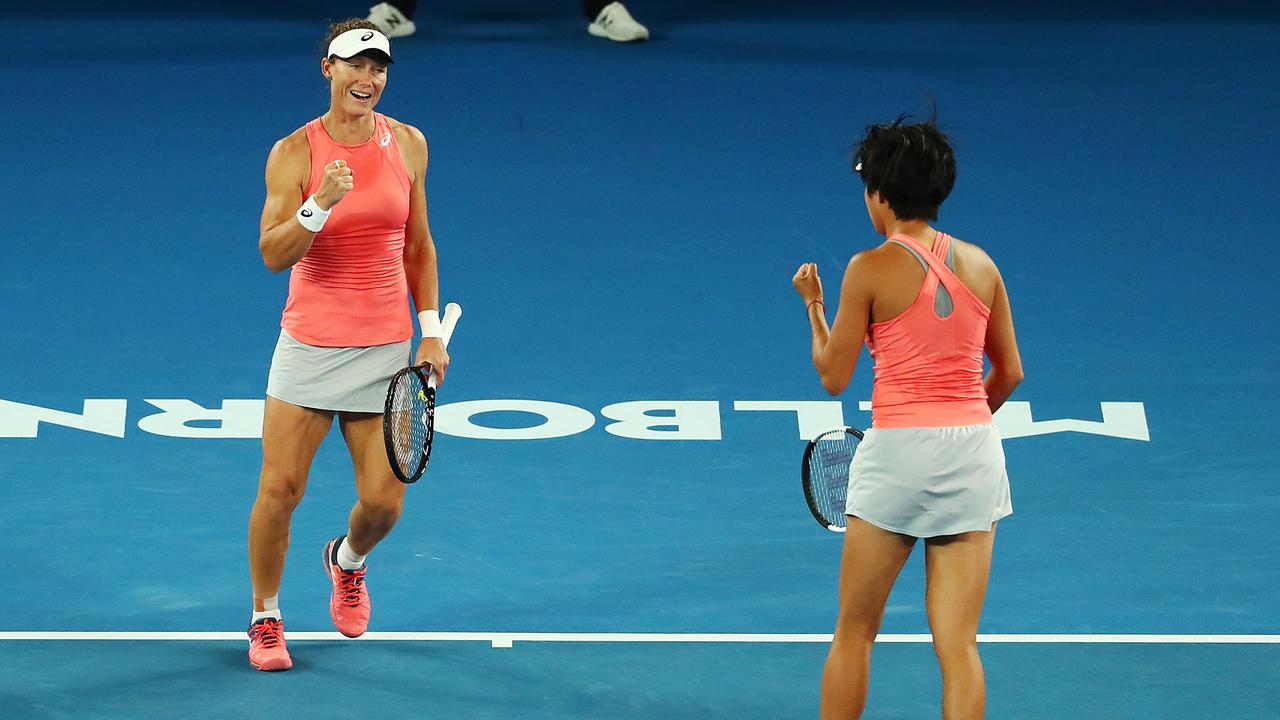 Sam Stosur and Zhuai Shang are into the final of the women’s doubles. (Photo by Michael Dodge/Getty Images)