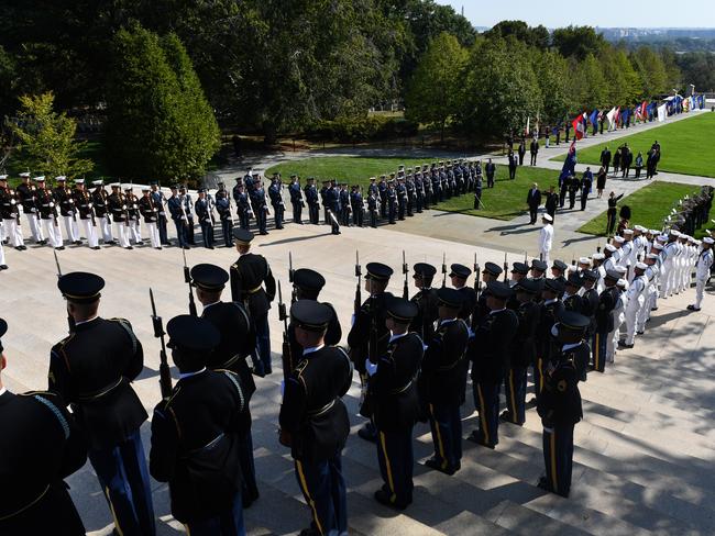 Australia's Prime Minister Scott Morrison arrives at the Arlington Cemetery. Picture: AAP