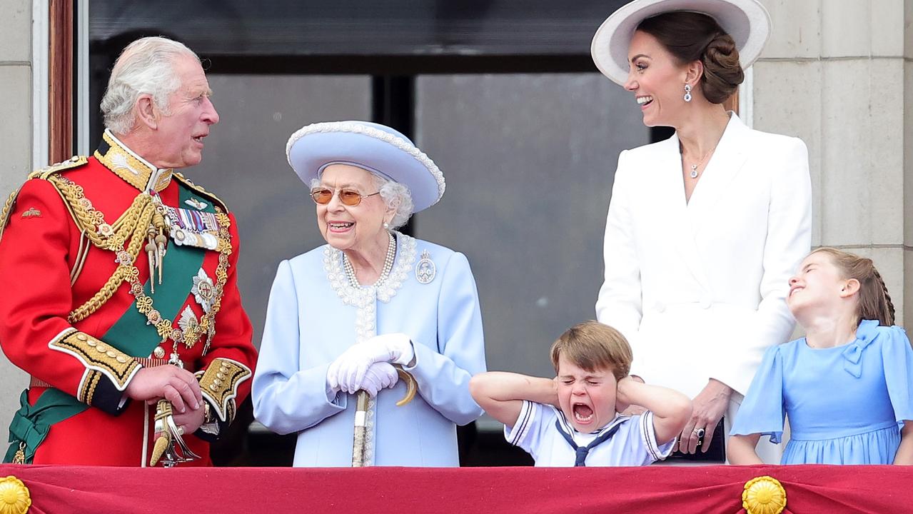 The Queen and her great-grandson, Prince Louis, put on a cute display on the Buckingham Palace balcony during Trooping the Colour. Picture: Chris Jackson/Getty Images