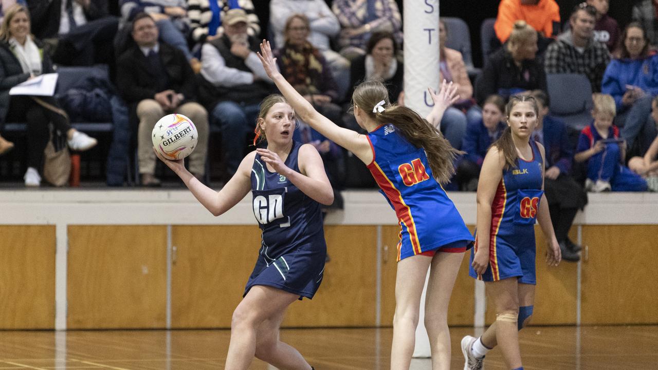 Taylah Priebbenow of St Ursula's Junior B against Downlands Junior B in Merici-Chevalier Cup netball at Salo Centre, Friday, July 19, 2024. Picture: Kevin Farmer