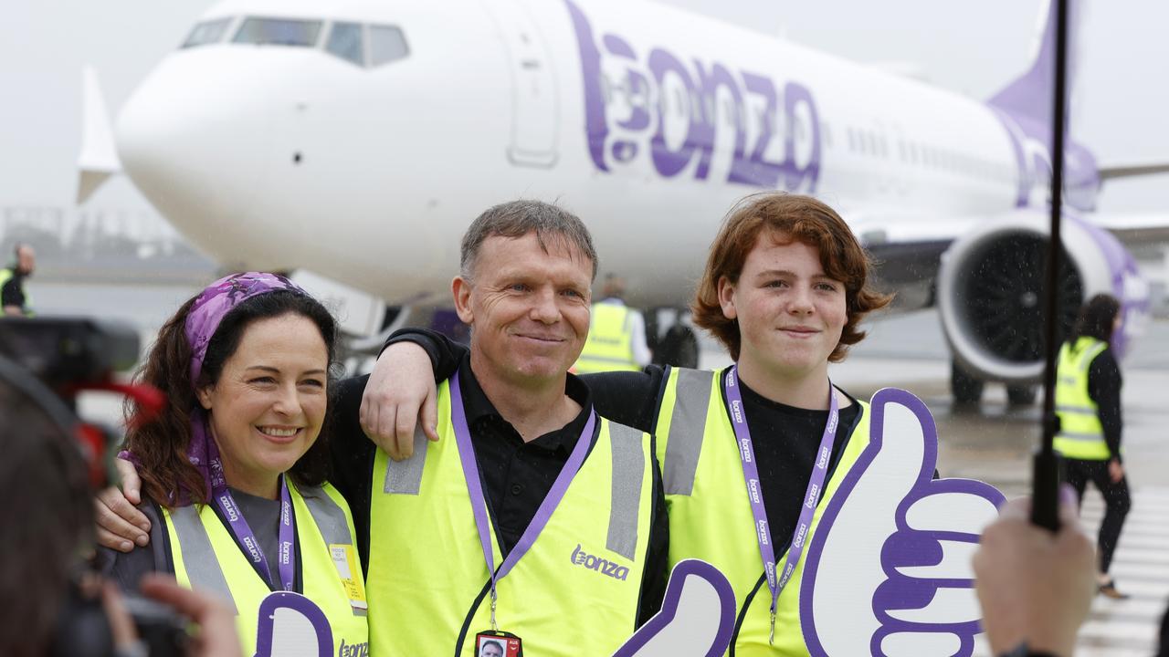 Bonza airline CEO Timothy Jordan with family at Bonza’s first 737 MAX arrival in Australia at Sunshine Coast airport. Picture Lachie Millard