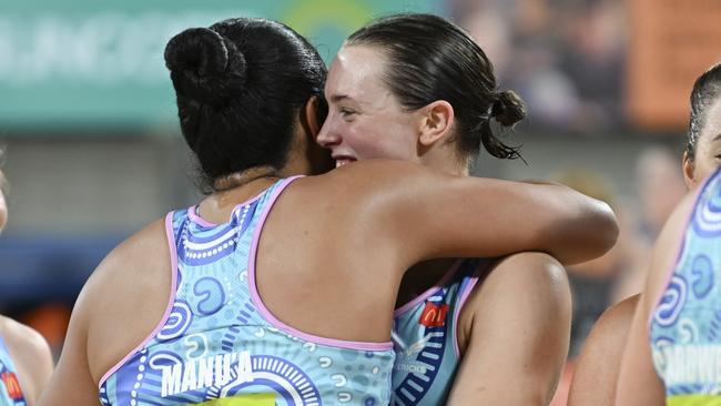 SYDNEY, AUSTRALIA - JULY 06: Olivia Lewis of the Melbourne Mavericks and Kristiana Manu'a of the Melbourne Mavericks celebrate after winning the round 13 Super Netball match between Giants Netball and Melbourne Mavericks at Ken Rosewall Arena, on July 06, 2024, in Sydney, Australia. (Photo by Jaimi Joy/Getty Images)