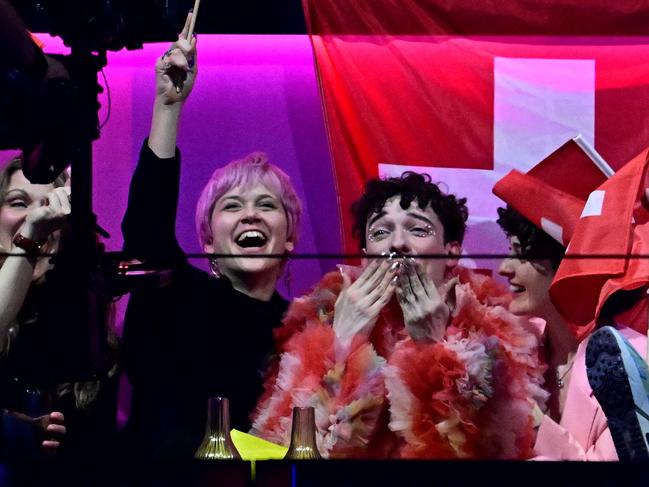 Swiss singer Nemo reacts during the vote count. Picture: AFP