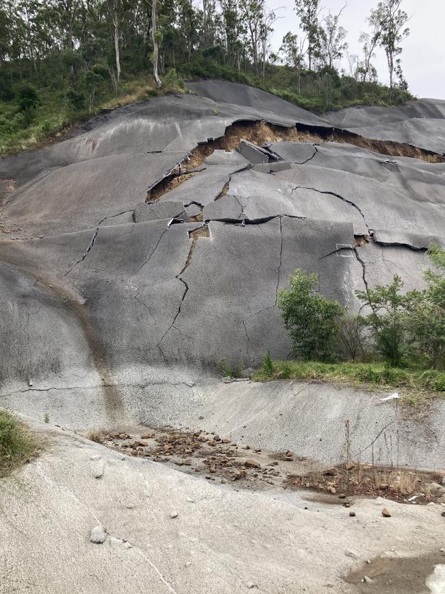 Large sections of concrete has cracked and fallen away on two sections of the Toowoomba Bypass.