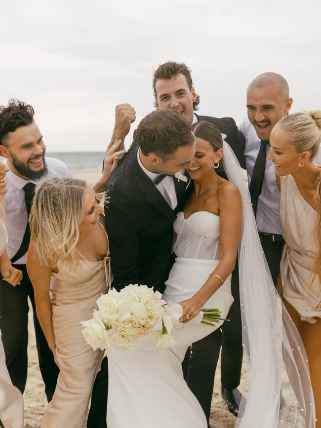 Port Adelaide star Jeremy Finlayson and his wife Kellie Finlayson on their wedding day. Picture: bambiphoto &amp; Danielle Symes