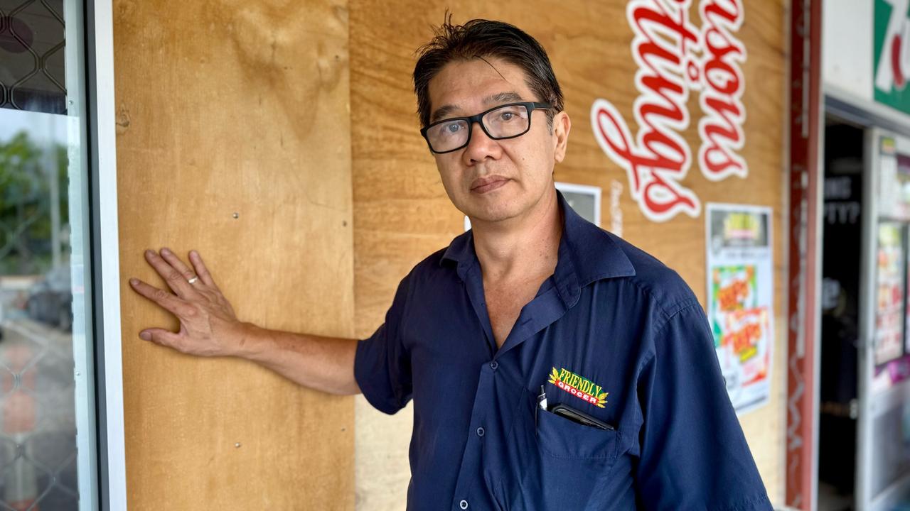 Friendly Grocer owner Gary Leong at the front of his damaged store after it was ram raided again by young car thieves on March 12, 2025. Picture: Natasha Emeck