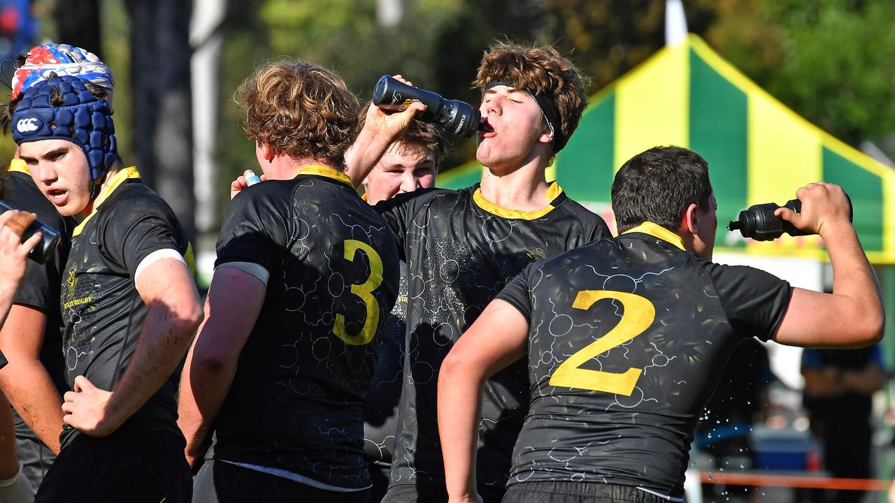 St Laurence players at half time. AIC First XV rugby match between Villanova College and St Laurence's College. Saturday May 28, 2022. Picture, John Gass