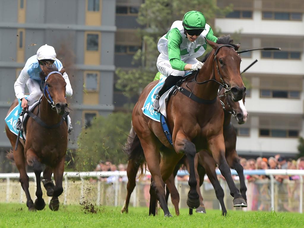 The Tony Gollan-trained filly Hi Barbie scores an emotional win at Doomben. Picture: Grant Peters/Trackside Photography