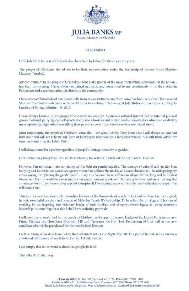 Julia Banks' statement, announcing her intention to quit politics.