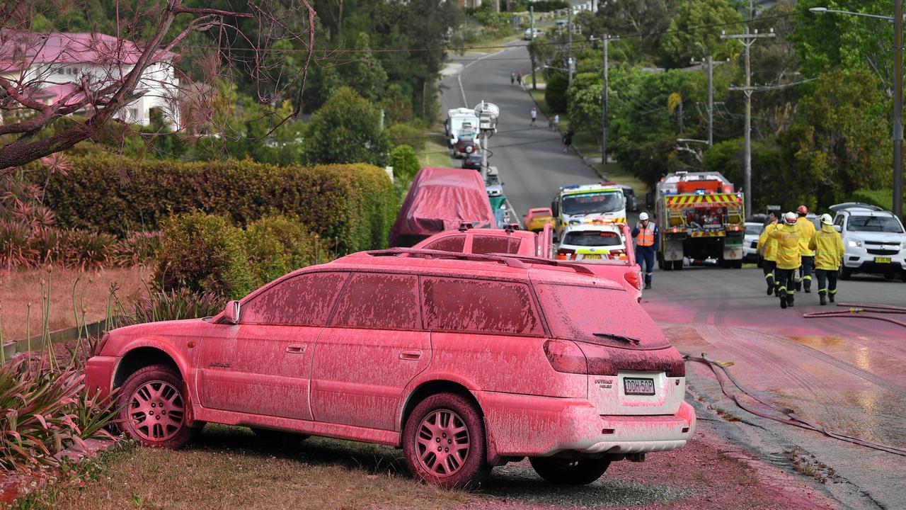 A car sprayed with fire retardant is seen in South Turramurra. Picture: AFP