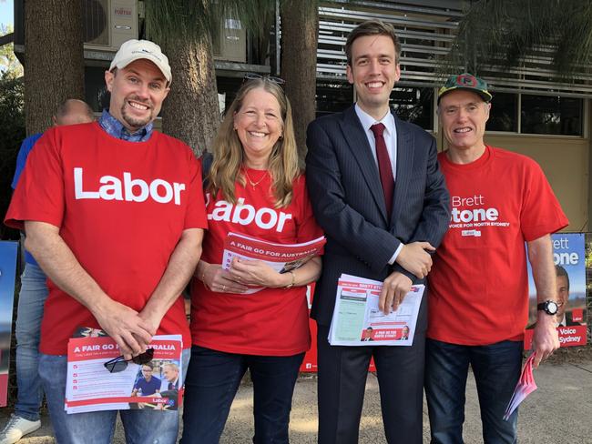 Brett Stone with volunteers at Willoughby Public School on election day.