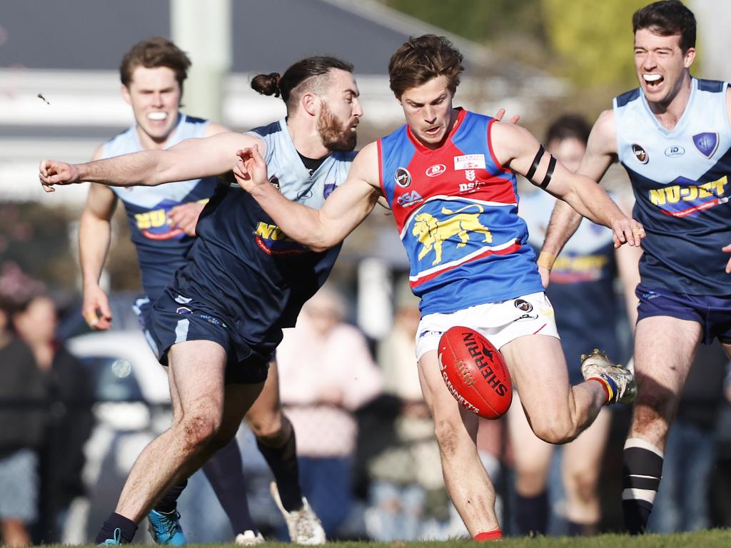 Teege Westbury Lindisfarne and Tom Wright Huonville Lions. SFL preliminary final - Lindisfarne V Huonville Lions. Picture: Nikki Davis-Jones