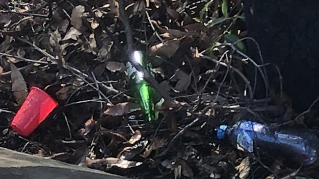 Rubbish, including a beer bottle, left at Gumbooya Reserve, Allambie Heights. Picture: Jim O'Rourke