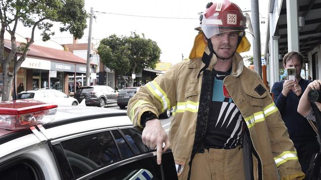 Danger by name … Fireman Patrick Dangerfield arrives at Wacky Wednesday. Picture: Alan Barber