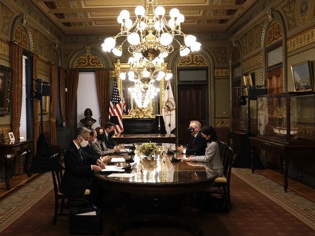 Morrison in the Eisenhower Executive Building in Washington DC with US Vice President Kamala Harris and Japanese Prime Minister Suga on Friday. Picture: Adam Taylor via PMO