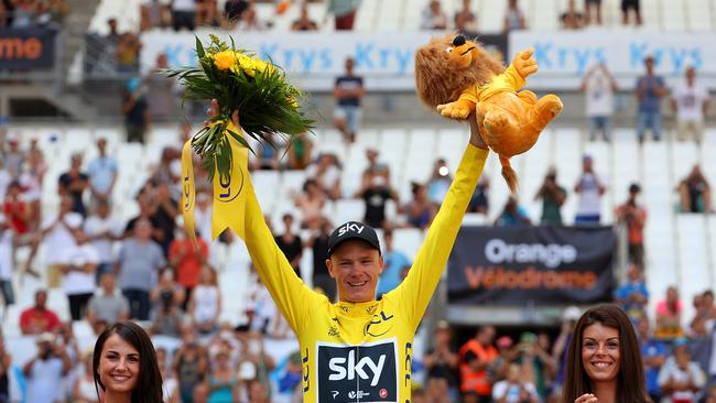 Chris Froome of Great Britain and Team Sky celebrates in the yellow jersey following stage twenty of Le Tour de France in 2017. Picture: Chris Graythen