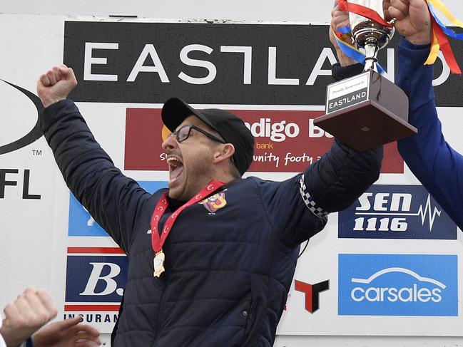 Fairpank coach Sean Stanton and captain Jesse Pearce celebrate after winning the EFL (Div 4) Grand Final between East Burwood and Fairpark in Scoresby, Sunday, Sept. 8, 2019. Picture: Andy Brownbill