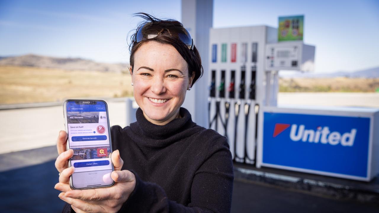 Veteran and RSL Tasmania member Amelia Hagger with the United Petroleum app. Picture: Richard Jupe