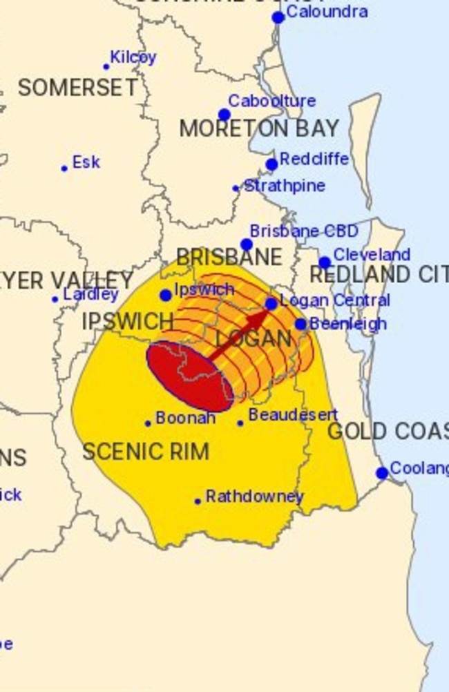 The Bureau of Meteorology updated its warning after 8pm, to include parts of Brisbane, Gold Coast, Logan, Ipswich and Scenic Rim.