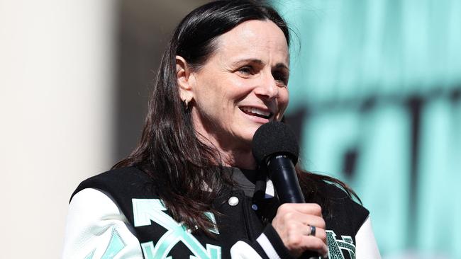 NEW YORK, NEW YORK - OCTOBER 24: Head coach Sandy Brondello of the New York Liberty speaks during the Championship ticker tape parade and victory rally celebrating winning the 2024 WNBA Finals on October 24, 2024 in New York City. NOTE TO USER: User expressly acknowledges and agrees that, by downloading and/or using this photograph, user is consenting to the terms and conditions of the Getty Images License Agreement.   Elsa/Getty Images/AFP (Photo by ELSA / GETTY IMAGES NORTH AMERICA / Getty Images via AFP)