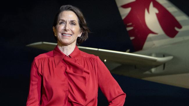 Virgin Australia CEO Jayne Hrdlicka, with a Qatar Airways’ aircraft at Brisbane Airport in December 2024. Picture: James D. Morgan/Getty Images