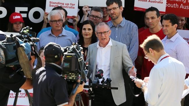 Jay Weatherill holds a press conference during the election campaign. Picture: Dylan Coker