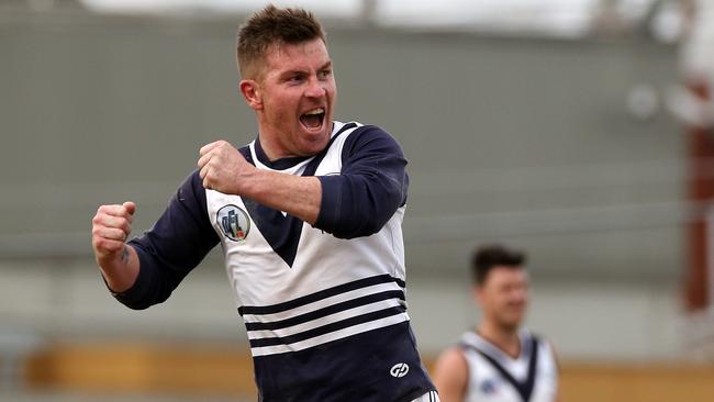 Gary Moorcroft celebrates a goal for Bundoora. Picture: George Salpigtidis