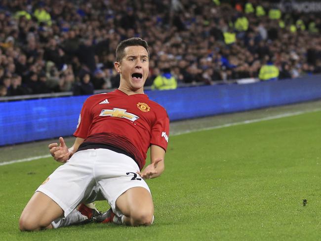 Manchester United Manchester United midfielder Ander Herrera celebrates his goal during the English Premier League match between Cardiff City and Manchester United. Picture: AP Photo