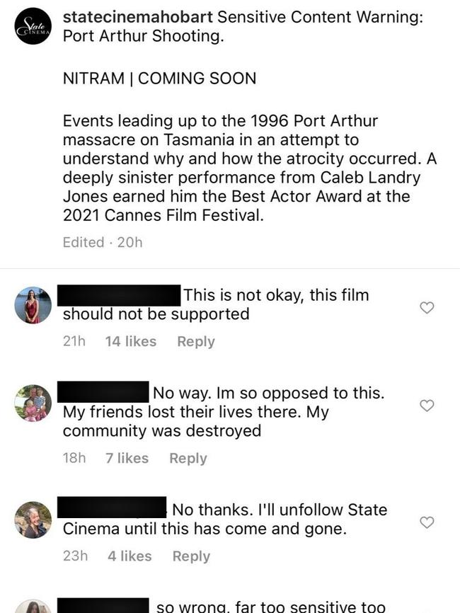 Comments showing the public's thoughts on the State Cinema's decision to screen Nitram – a film about the Port Arthur gunman. Picture: Instagram