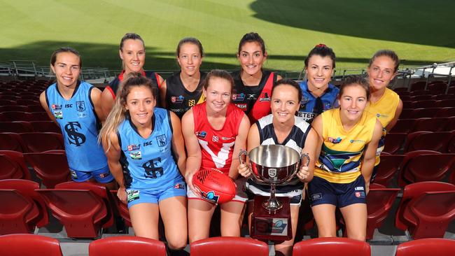 SANFLW club captains at the 2020 season launch. Front (from left): Sturt co-captain Georgia Bevan, North Adelaide captain Leah Tynan, South Adelaide vice captain Elyse Haylock, Woodville-West Torrens co-captain Adele Gibson. Back: Sturt co-captain Maya Rigter, Norwood captain Alison Ferrall, Glenelg captain Chelsea Packer, West Adelaide captain Lauren Rodato, Central captain Nicola Biagi and Woodville-West Torrens co-captain Megan Andresen. Picture: Tait Schmaal