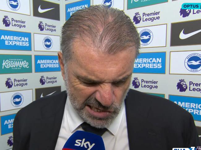 Tottenham manager Ange Postecoglou shows his disgust in his post-match interview after Spurs 3-2 loss to Brighton.