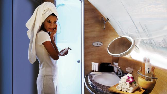 The bathroom on Emirates first class suite is a very different expereince to economy.