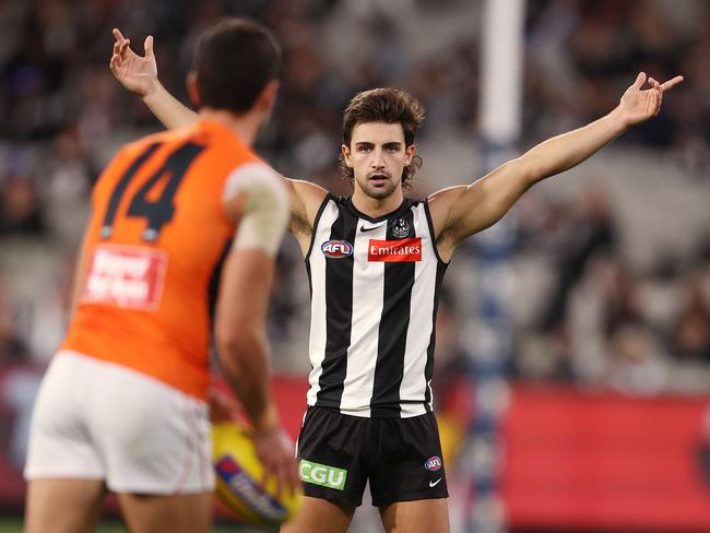 Don’t move, Josh! Collingwood’s Daicos stands the mark. Picture: Michael Klein