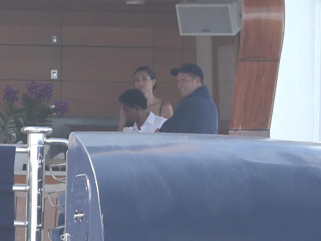 Karl Stefanovic and girlfriend Jasmine Yarbrough were spotted holidaying in Bora Bora with James Packer and his kids, aboard his luxury yacht Arctic P. They were also accompanied by a group of friends, including a mystery brunette, who is pictured sitting next to a visibly larger James Packer. Picture: Backgrid