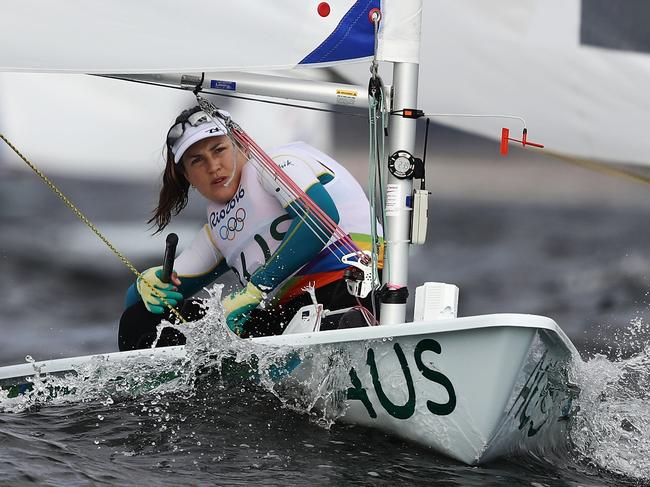 RIO DE JANEIRO, BRAZIL - AUGUST 08: Ashley Stoddart of Australia competes during the Women's Laser Radial races on Day 3 of the Rio 2016 Olympic Games at Marina da Gloria on August 9, 2016 in Rio de Janeiro, Brazil. (Photo by Clive Mason/Getty Images)